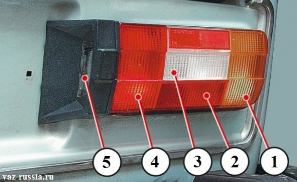 Стрелками указаны те части на которые делить задний фонарь на автомобиле
