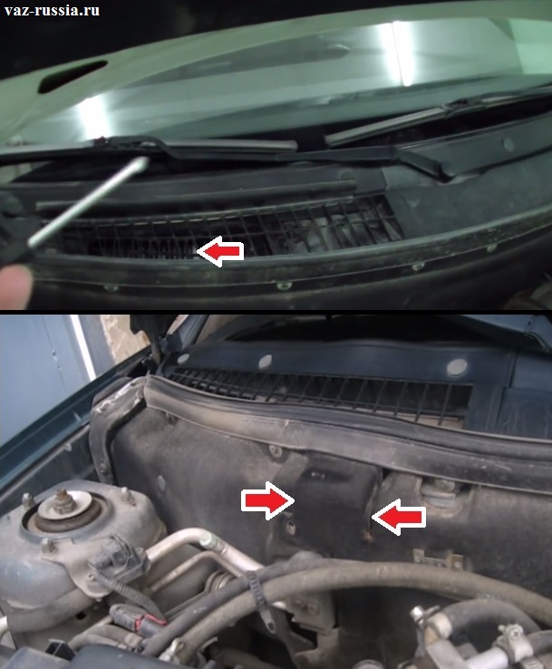 На обоих фотографиях показано местонахождение салонного фильтра на автомобиле с кондиционером (Нижнее фото) и без (Верхнее фото)