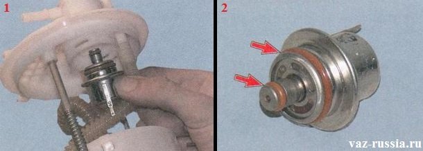 Извлечение регулятора давления топлива и осмотр обоих уплотнительных колец которые на нём находятся