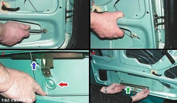 Ослабление троса последствием ослабления гайки крепления натяжного ролика и снятие троса с направляющего ролика и вынимание стекла через низ из двери автомобиля