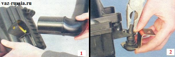 Отсоединение патрубка который подводит воздух от корпуса и снятие с помощью пассатижей всех резиновых опор совместно с кронштейнами