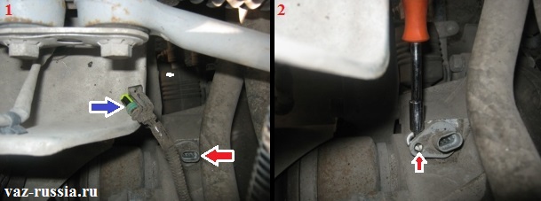 Отсоединение колодки проводов от датчика и выворачивание гайки которая крепит датчик к автомобилю