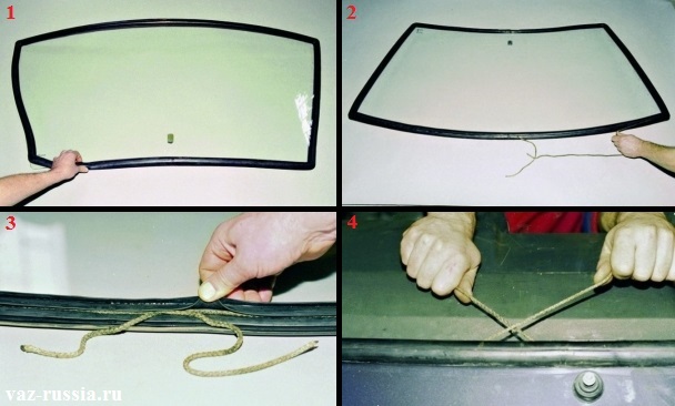 Установка нового лобового стекла на автомобиль, при помощи помощника и верёвки