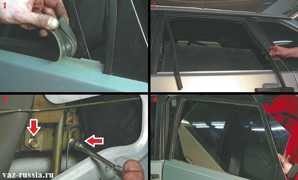 Вынимание уплотнителей стекла задней двери, выкручивание двух болтов крепления обоймы и снятие стекла с двери автомобиля