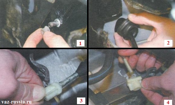 Снятие втулки с пальца и выведение резинового уплотнителя оболочки троса, а так же отсоединение наконечника троса от вилки сцепления и отворачивание поводка от наконечника
