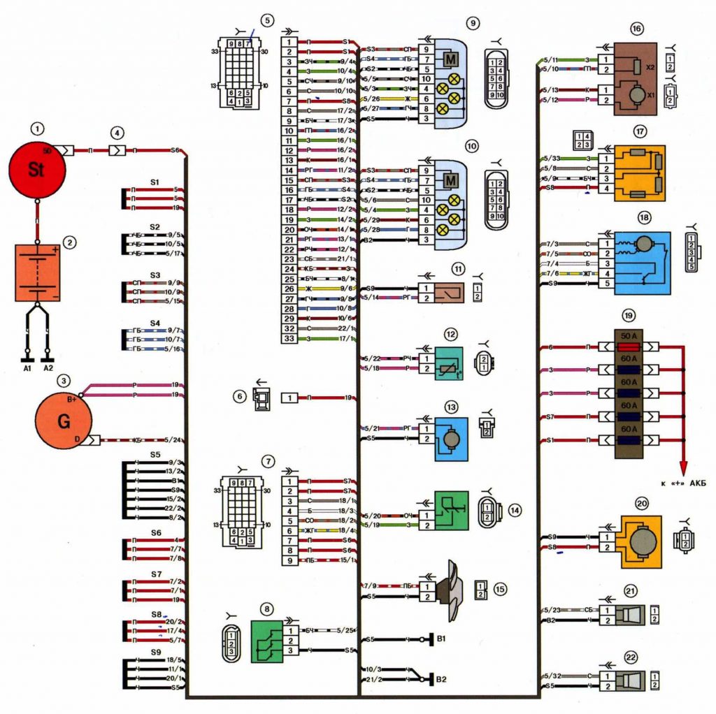 Cхема подключения переднего жгута электропроводки на приоре